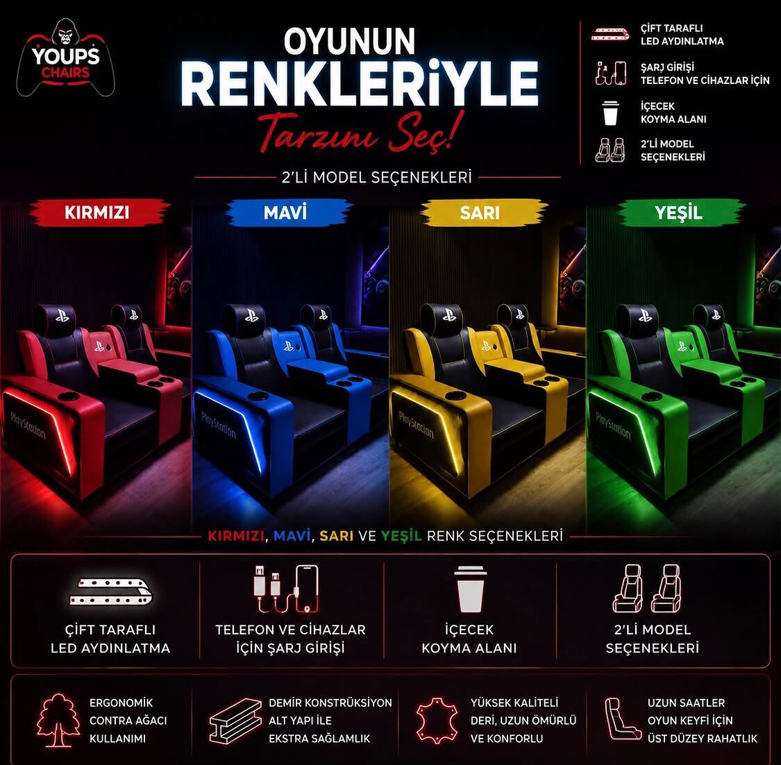 VIP PlayStation Koltuk — 2'li - Ergonomik geniş oturum alanı