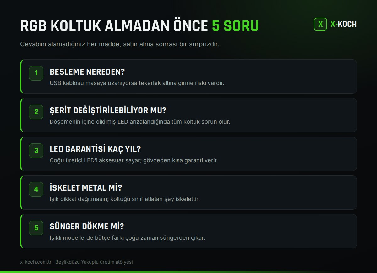Işıklı RGB oyuncu koltuğu satın almadan önce kontrol edilecek maddeler
